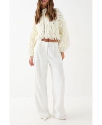 Women's Zip Up Cream Fringe Loop Cardigan