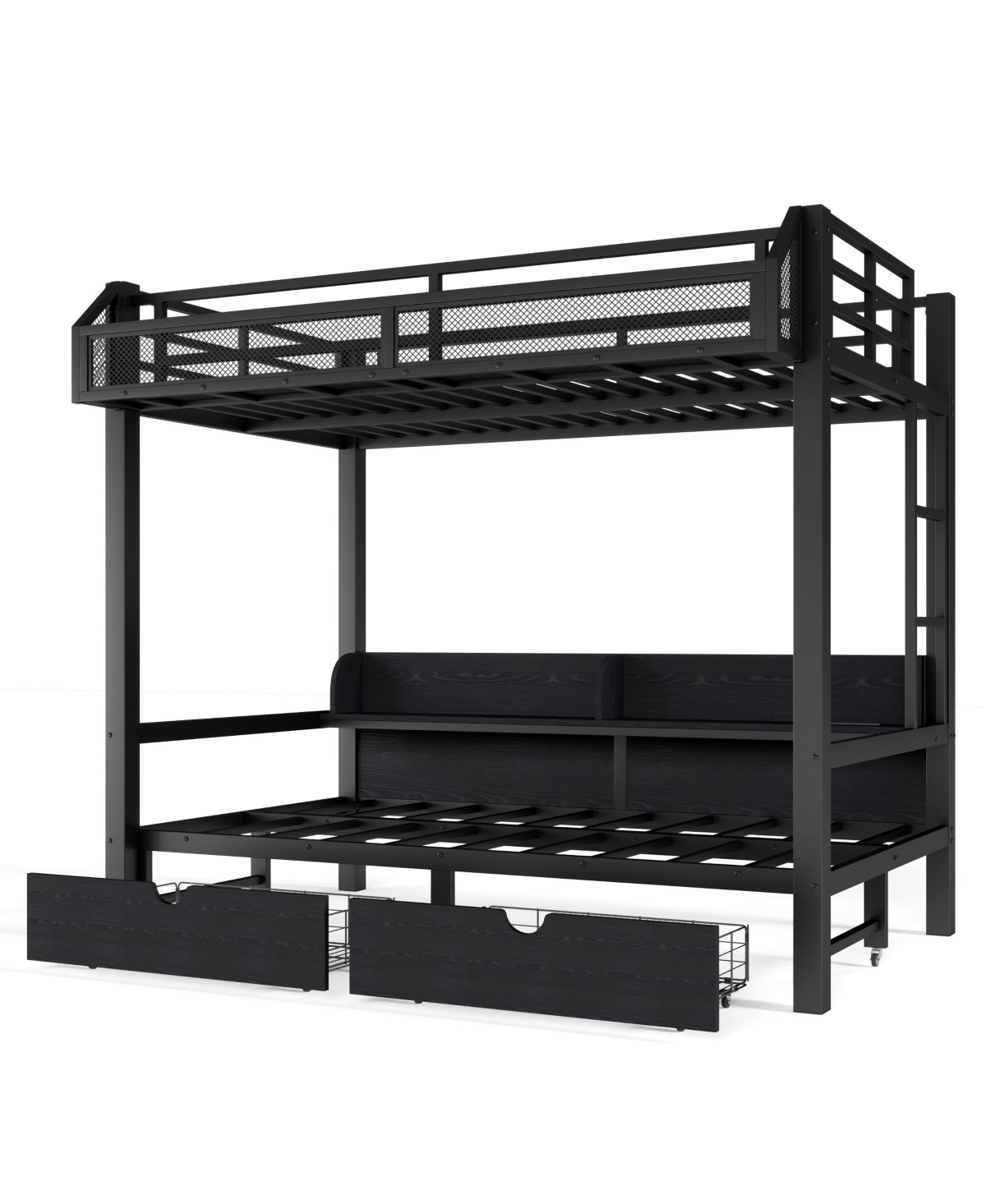 Lucky One Twin over Twin Bunk Bed with Storage Shelves and Drawers