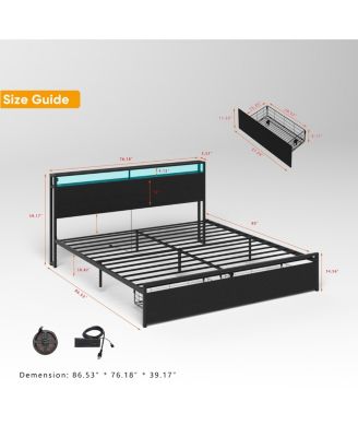 King Bed Frame, Storage Headboard with Charging Station, Solid and Stable, Noise Free