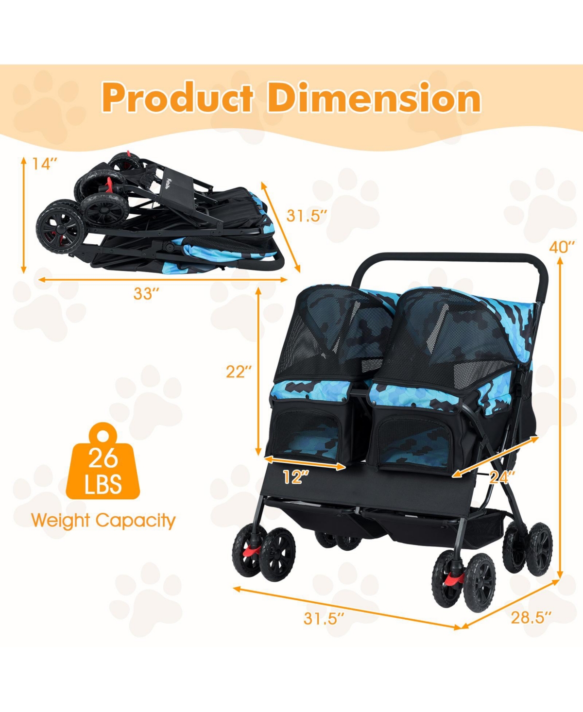 Cozito Foldable Double Pet Stroller with Sunshade and Basket