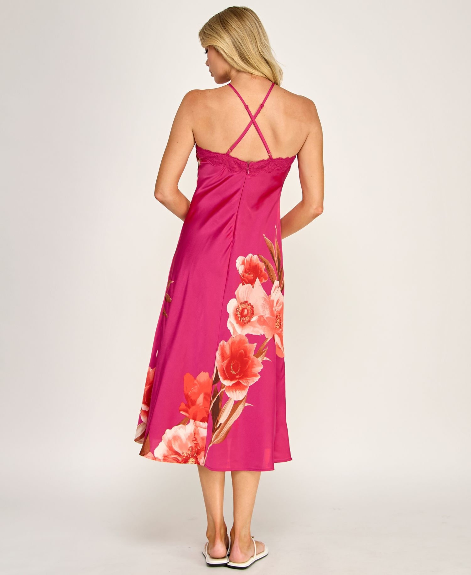 Women's Printed Halter Neck Scallop Trim Midi Dress
