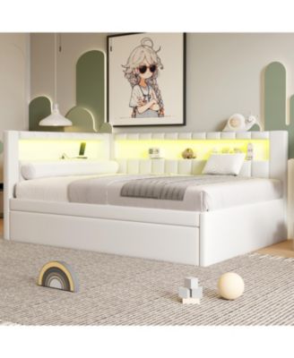 Upholstered Daybed with Trundle, Built-in USB Ports and LED, L-Shaped Day Bed, for Bedroom Living Room