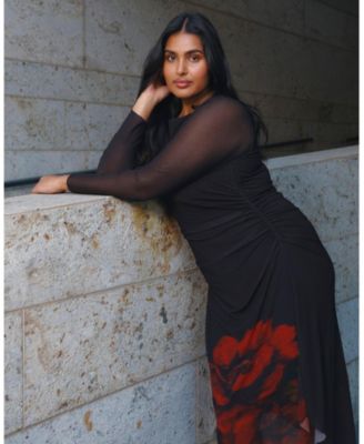 Plus Size Raya Asymmetrical Long Sleeve Mesh Dress