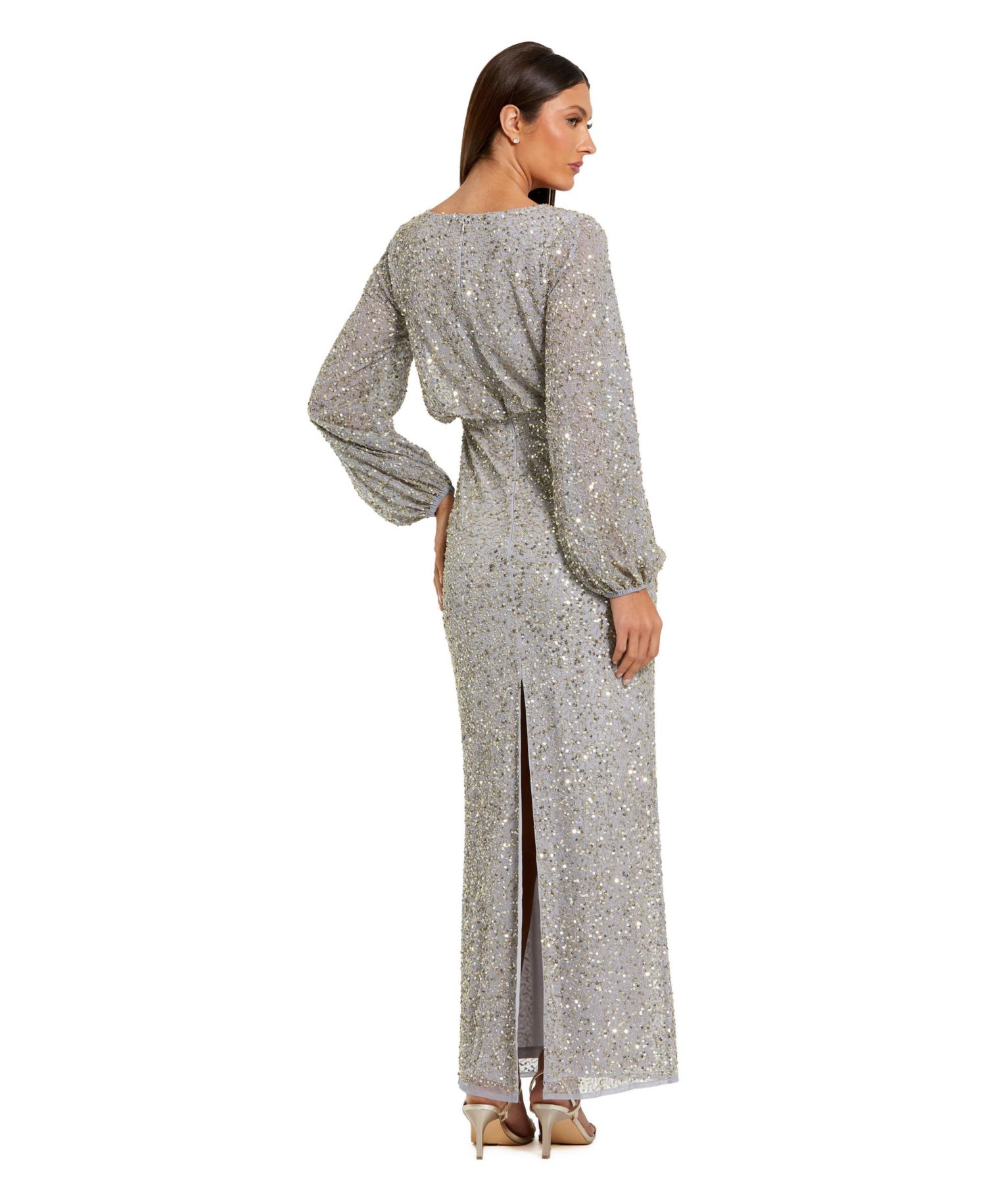 Women's Beaded Mesh Blouson Sleeve Evening Gown