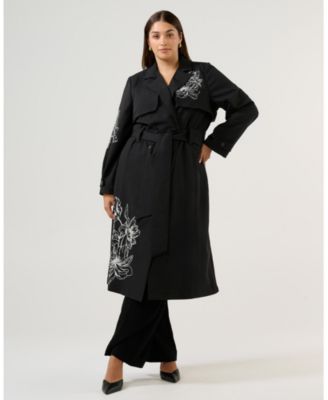 Plus Size Monet Embroidered Belted Full-Length Trench