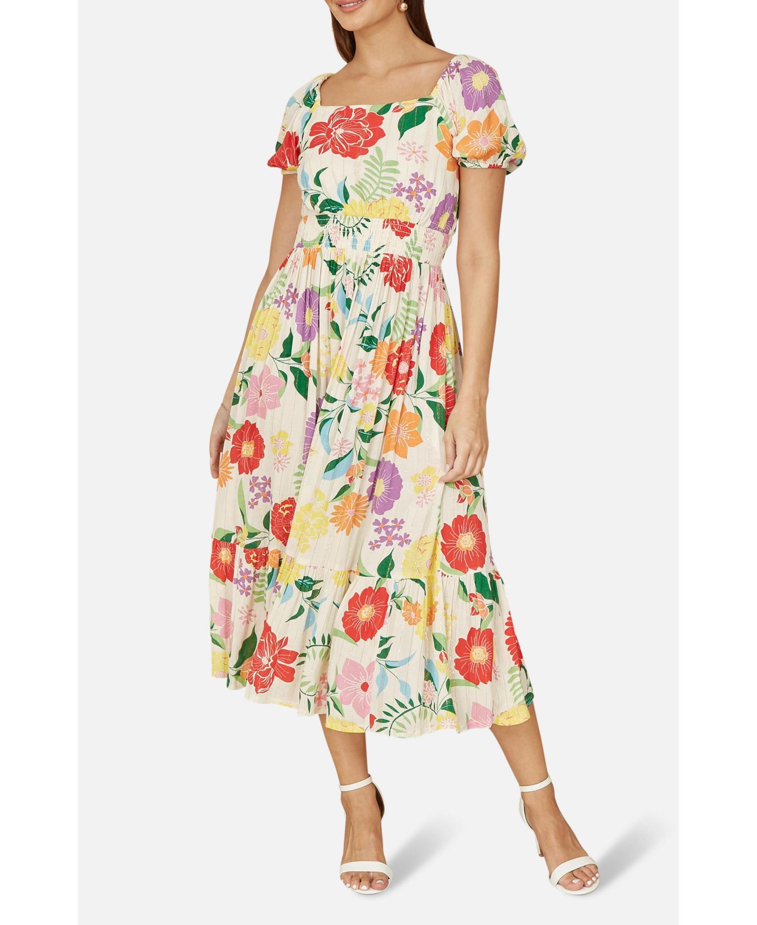 Women's Short Sleeve Square Neck Midi Dress