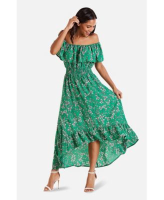 Women's Floral Bardot Ruffled Hem Midi Dress