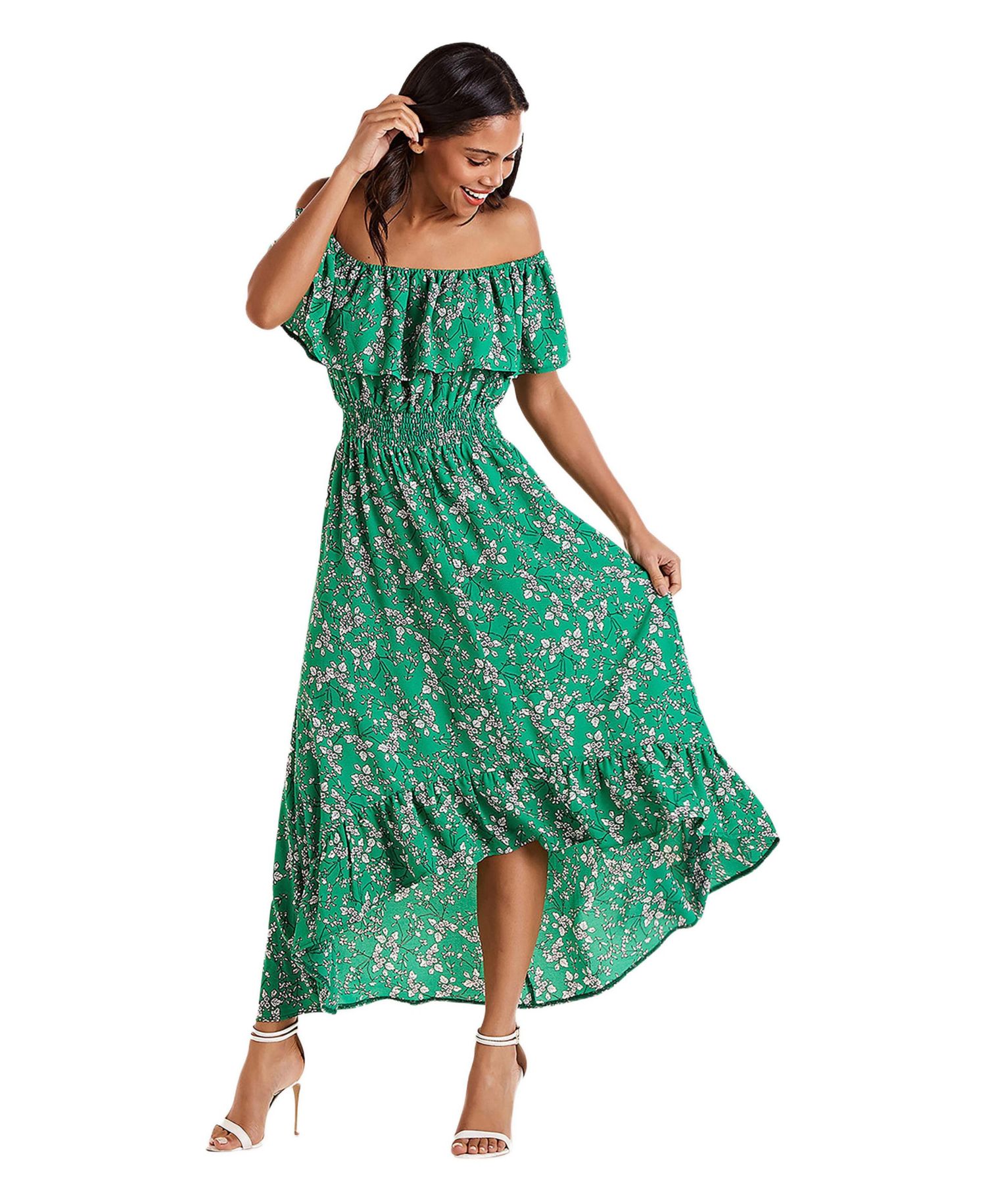 Women's Floral Bardot Ruffled Hem Midi Dress