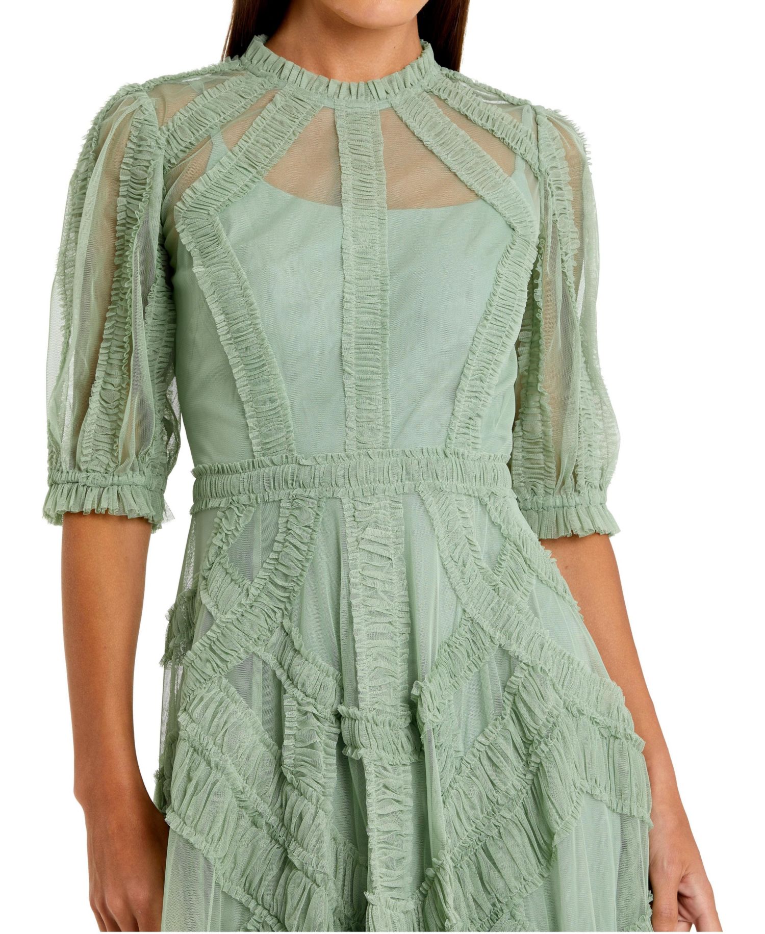 Petite High Neck Puff Sleeve Ruffle Tiered Dress