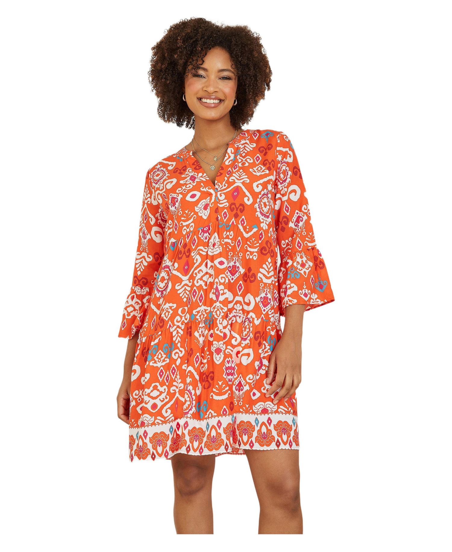 Women's Ikat Print 3/4 Sleeve Tunic Dress