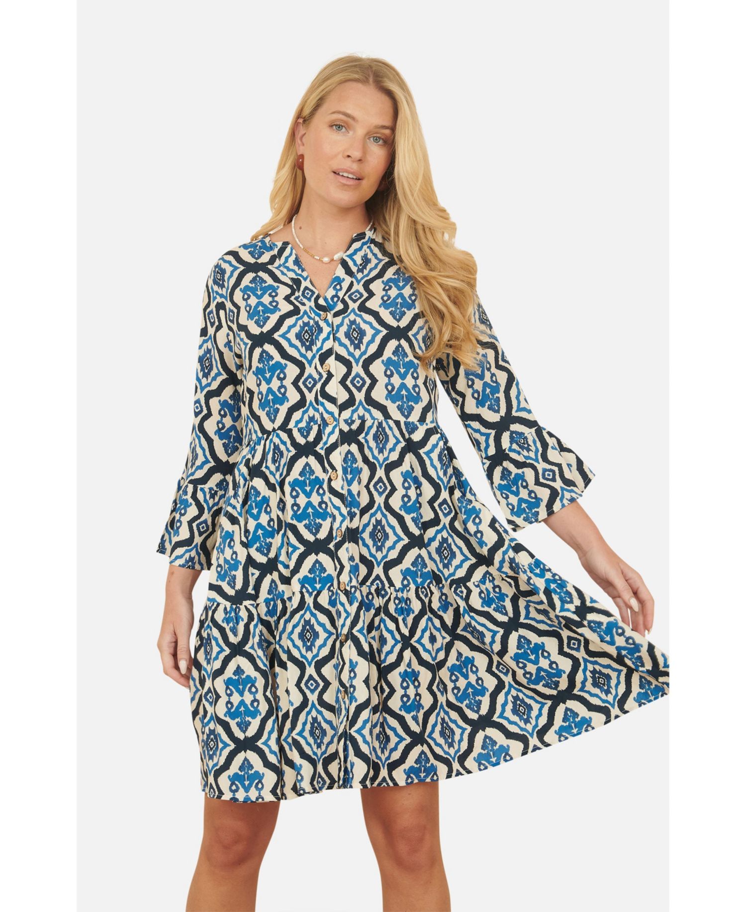 Women's Ikat Print 3/4 Sleeve Tunic Dress