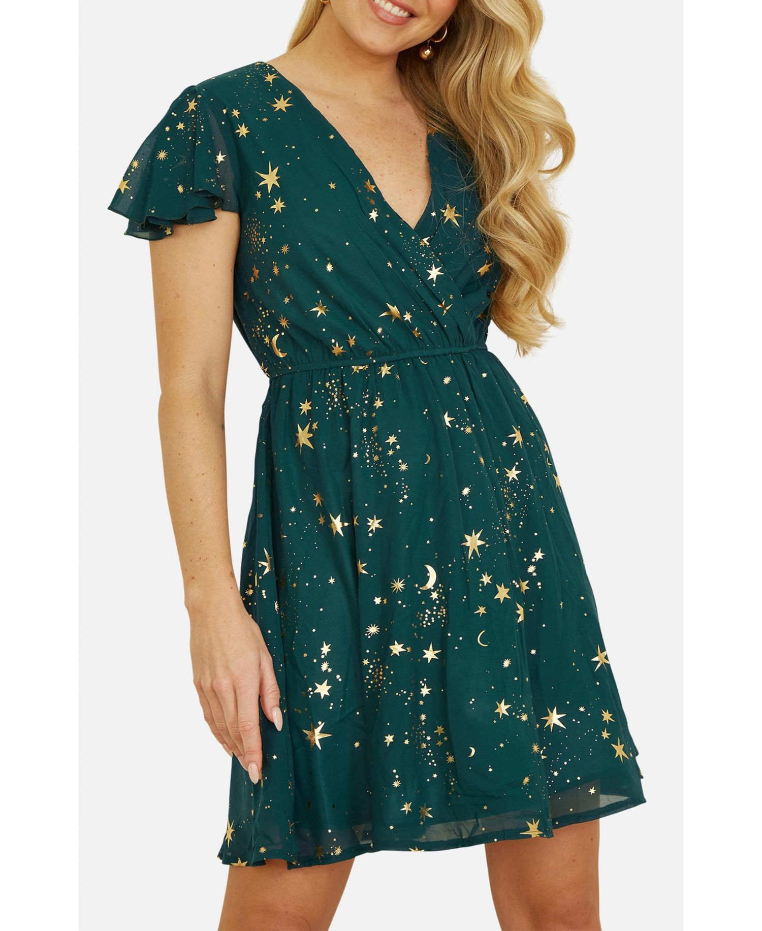 Women's Foil Star Print Wrap Skater Dress