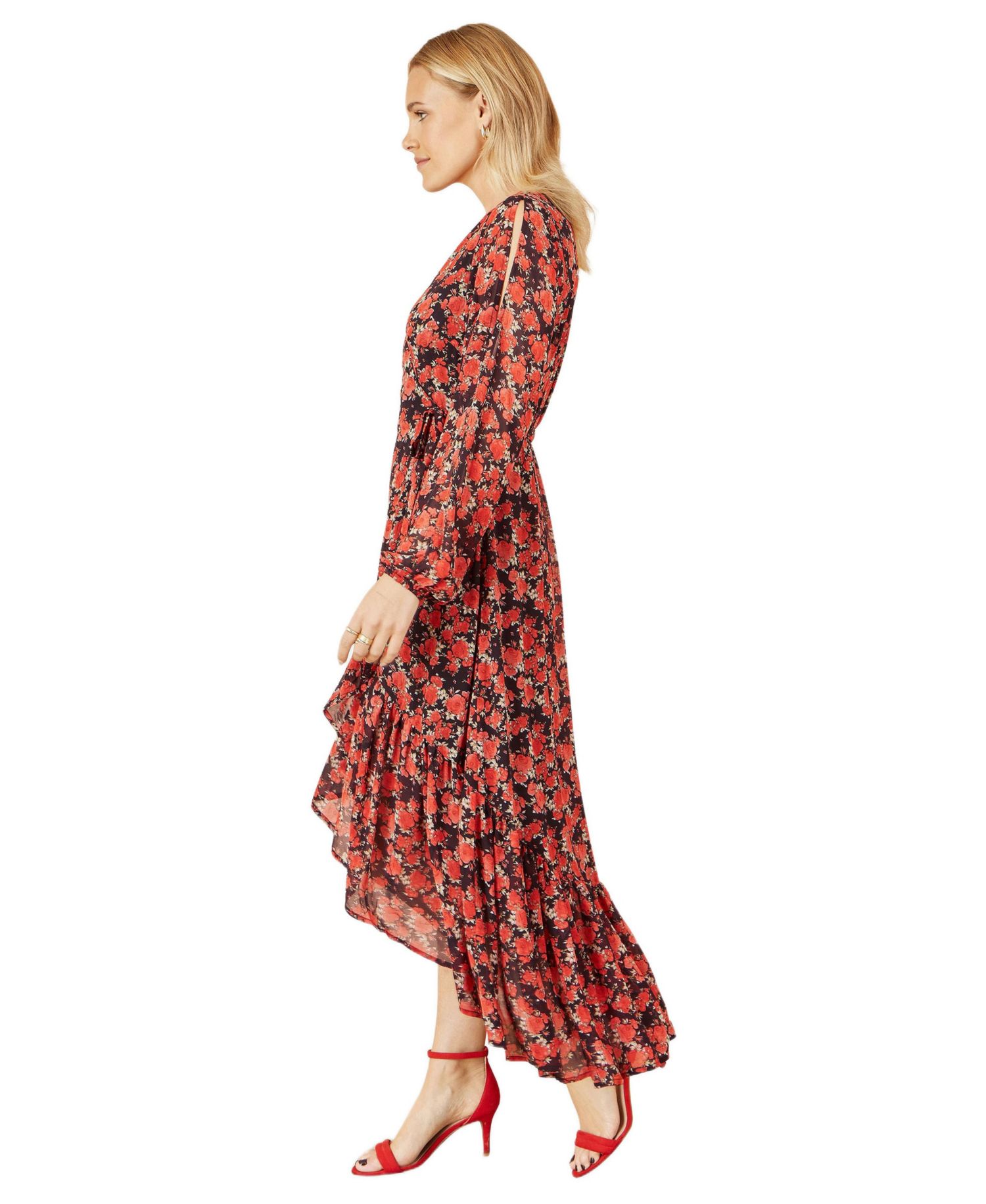 Women's Rose Print Dipped Hemline Midi Dress