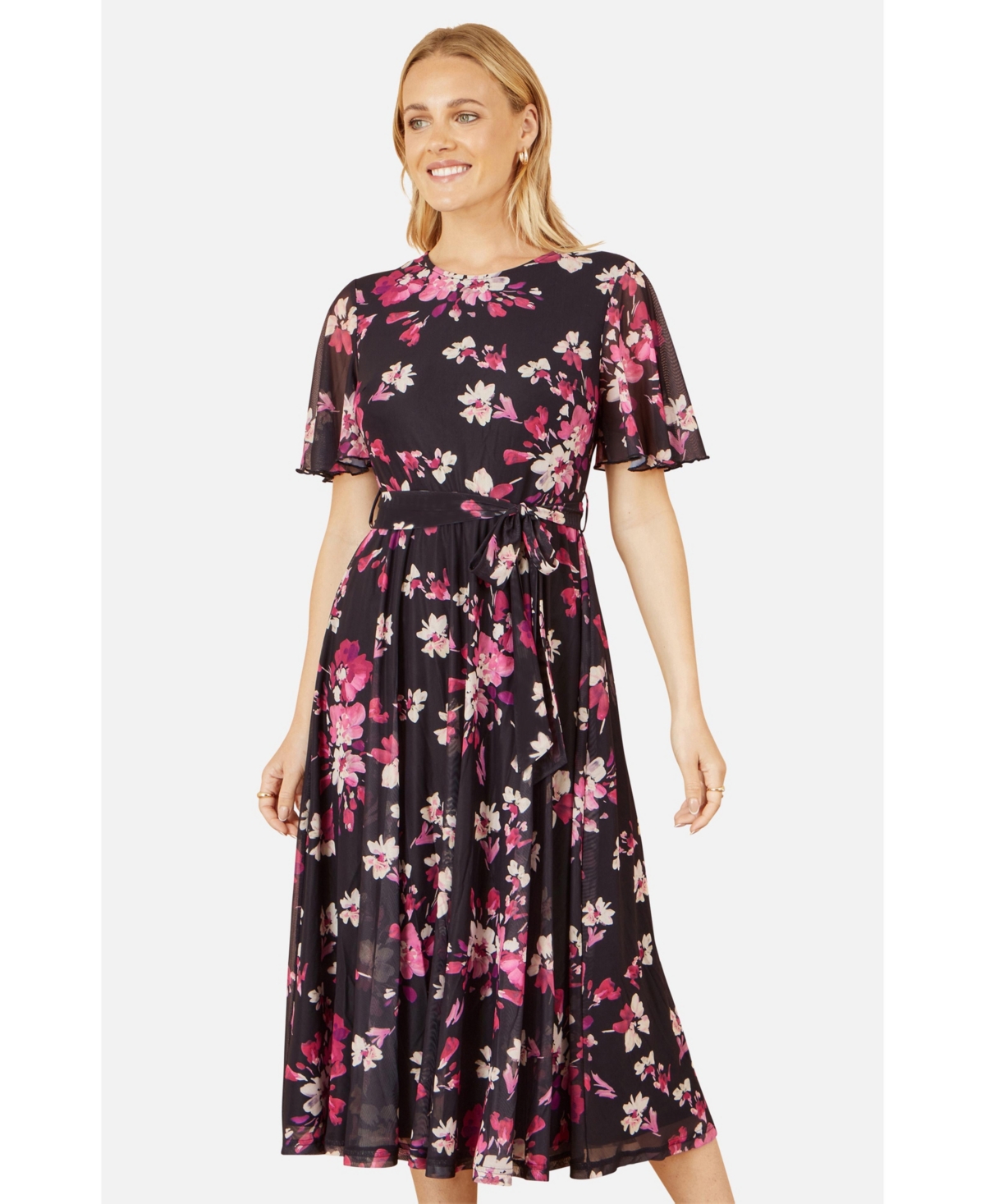 Yumi Women's Mesh Skater Floral Midi Dress