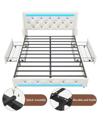 Queen Size Bed Frame with Wingback Upholstered Diamond Headboard and 2 Storage Drawers