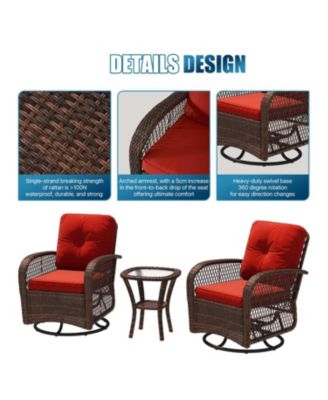 Indoor Swivel Glider Chair 3 Piece Set Wicker Rattan Living Room Furniture with Glass Top Side Table