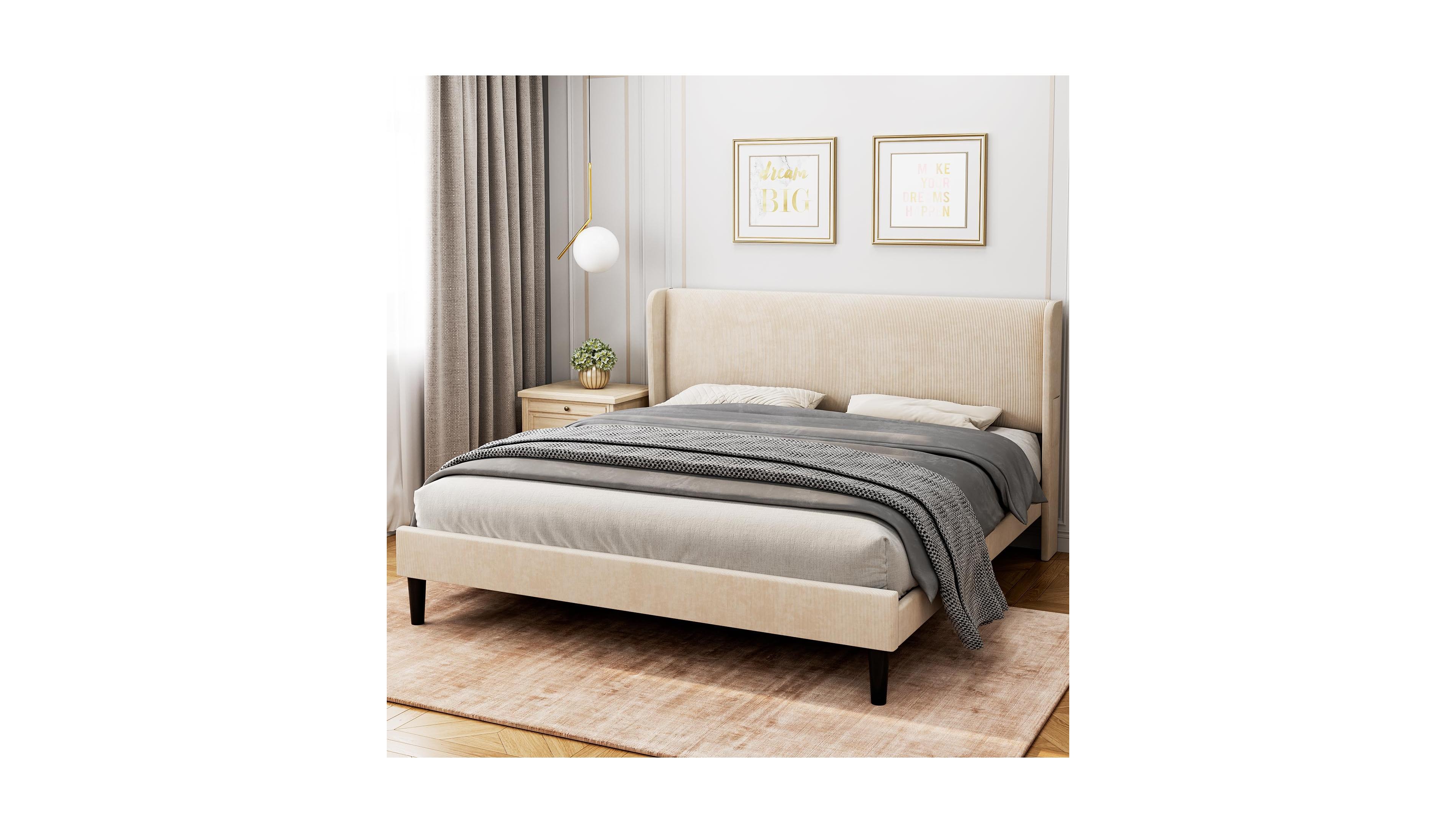 Homfan elvet Upholstered Bed Frame with Wingback Headboard, Storage Pockets and Wood Slats