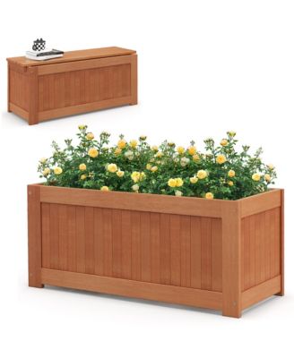 Wood Outdoor Planter Box w/ Seat 2-in-1 Wooden Raised Garden Bed and Bench