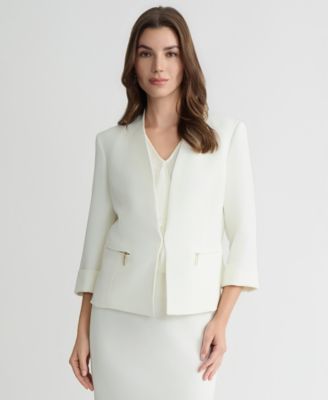 Women's Collarless 3/4-Sleeve Zip-Pocket Jacket