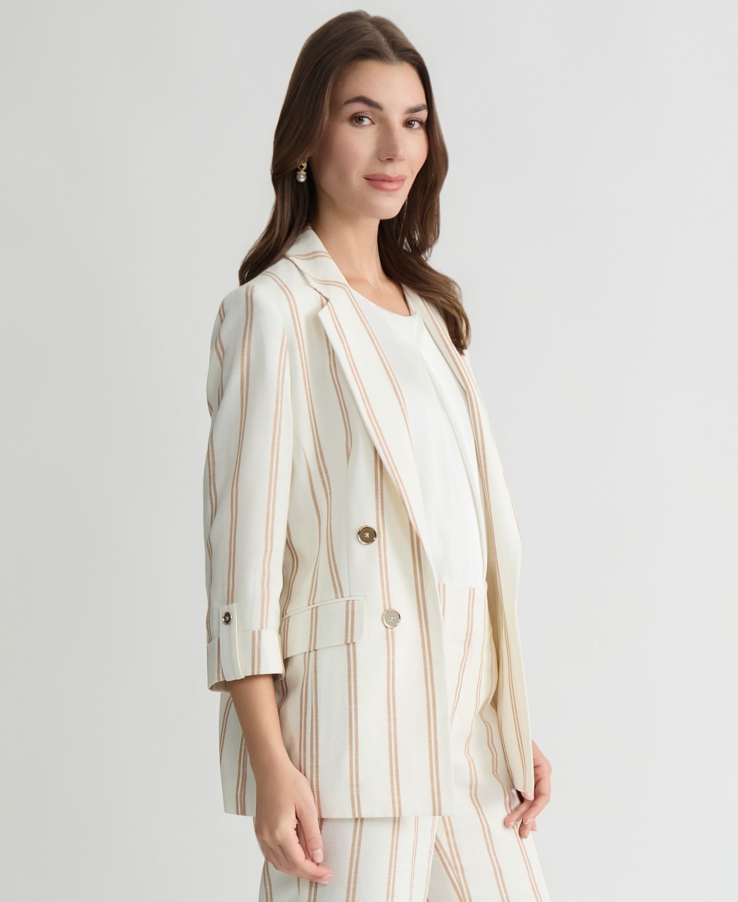 Женский пиджак Kasper Striped Linen Blend 3/4-Sleeve Double-Breasted Blazer, Regular & Petite, цвет: Ванильный ледяной — фото 4