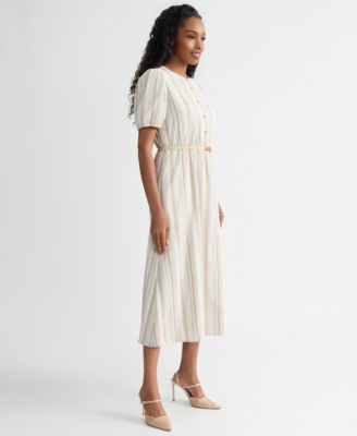 Women's Striped Puff-Sleeve Midi Shirtdress