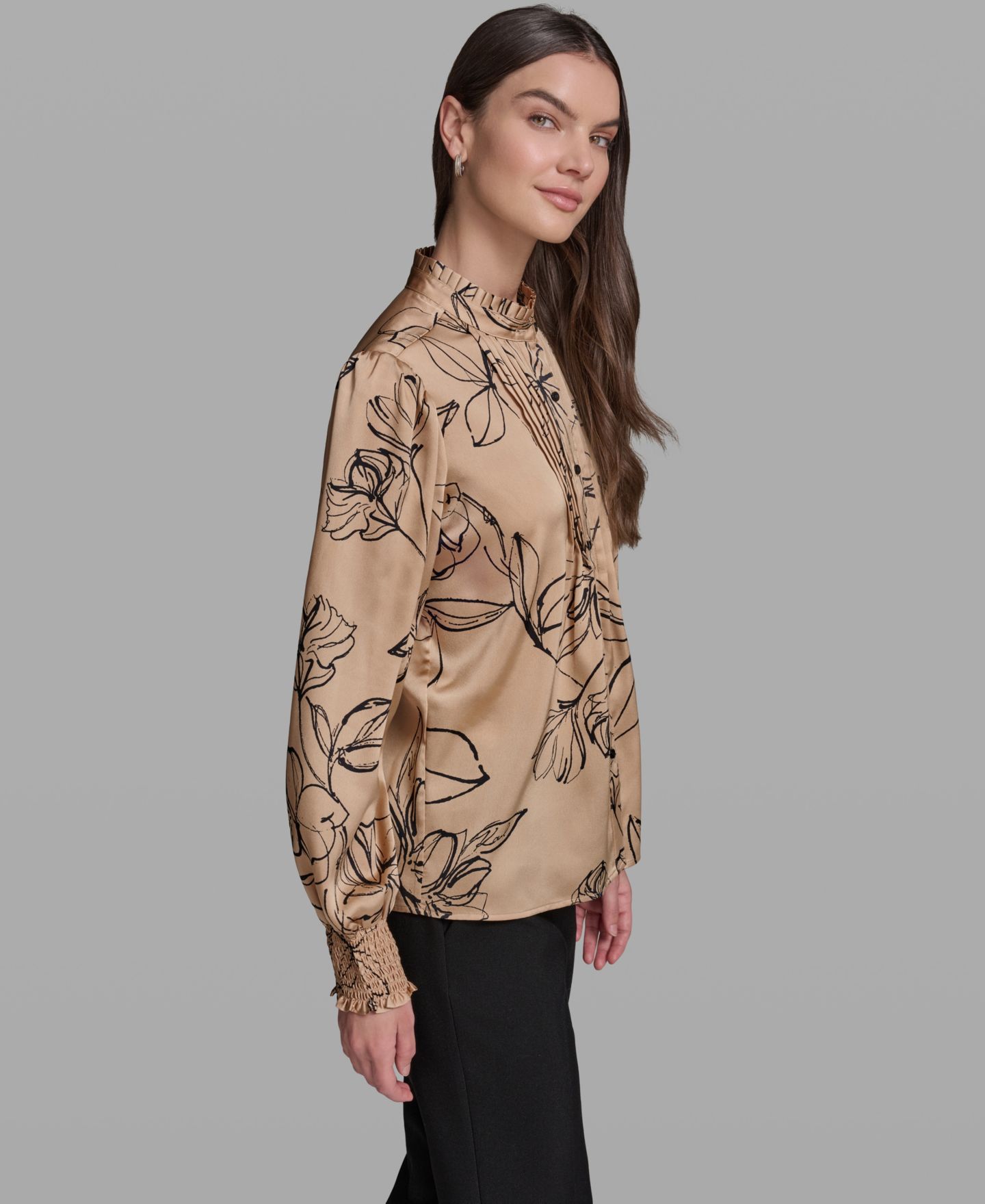 Женская блузка KARL LAGERFELD PARIS Floral Long-Sleeve Mock Neck Blouse, цвет: Полуночный тёмно-синий — фото 3