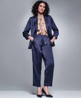 Women's Satin 3/4-Sleeve Collared One-button Blazer, Floral Long-Sleeve Mock Neck Blouse and Satin Mid-Rise Ankle Pants