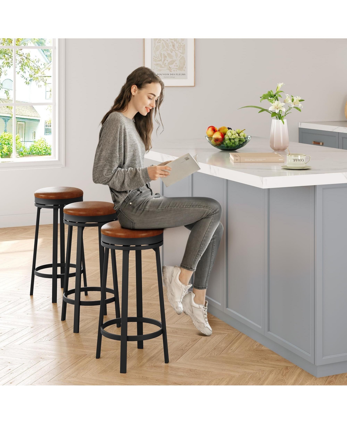 gaomon Swivel Bar Stools Set of 2, Counter Height Backless Round Bar Stools with Footrest