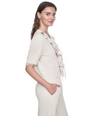 Women's V-Neck Short Puff-Sleeve Tie-Front Shirt