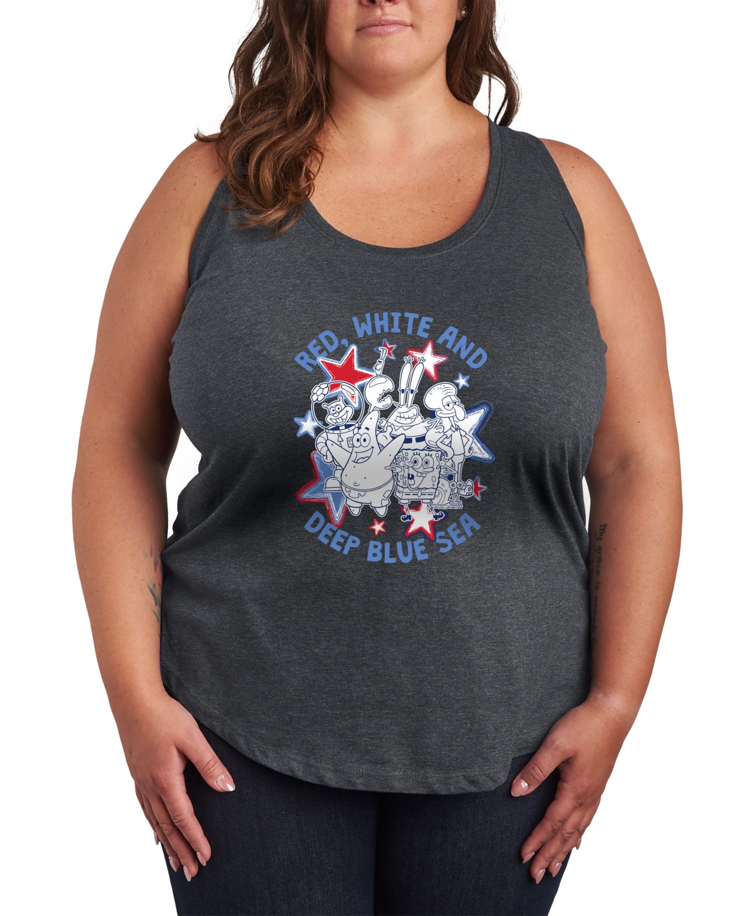 Plus Size SpongeBob Square Pants Red White Deep Blue Sea Racerback Graphic Tank Top