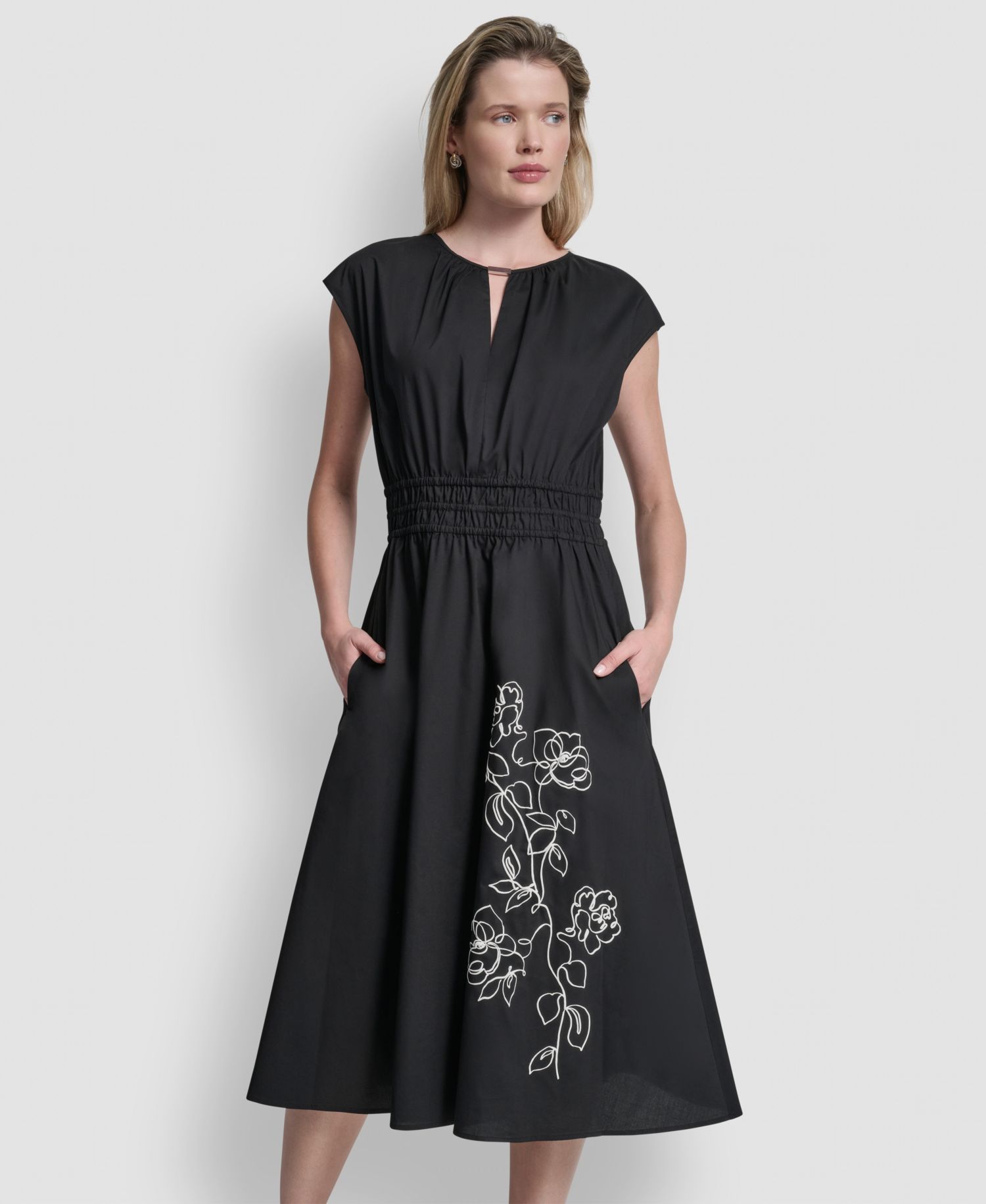 Women's Cap-Sleeve Jewel Neck Keyhole Midi Dress