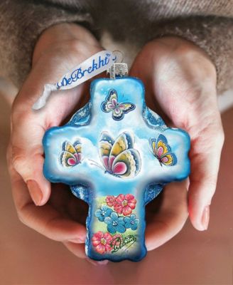 Blue Butterflies Cross Glass Ornament