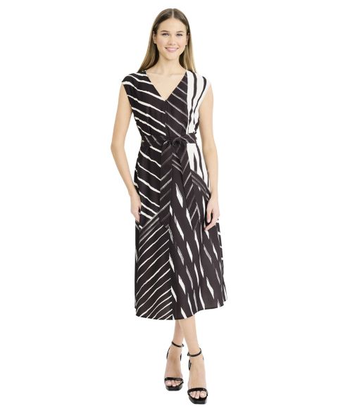 Женское платье Luxely Printed Sleeveless V-Neck Midi, цвет: Чёрный / Кремовый