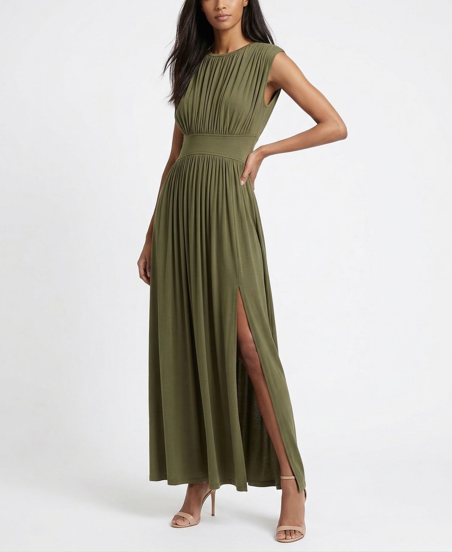 Women's Cinched Waist Ruched Crewneck Dress
