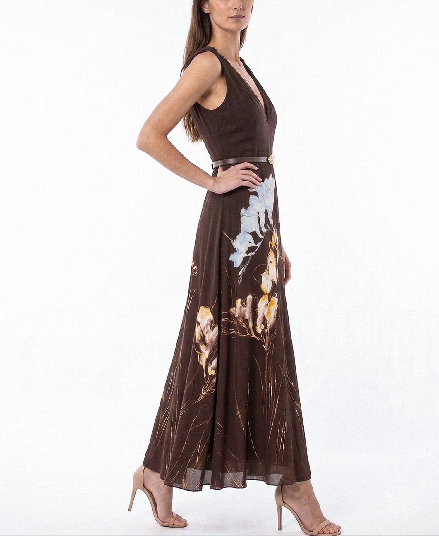Women's Floral Belted V-Neck Sleeveless Dress