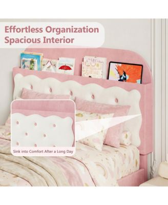 Velvet Upholstered Bed Frame with Storage Headboard, Footboard Drawer and Wood Slats, Box Spring Not Required