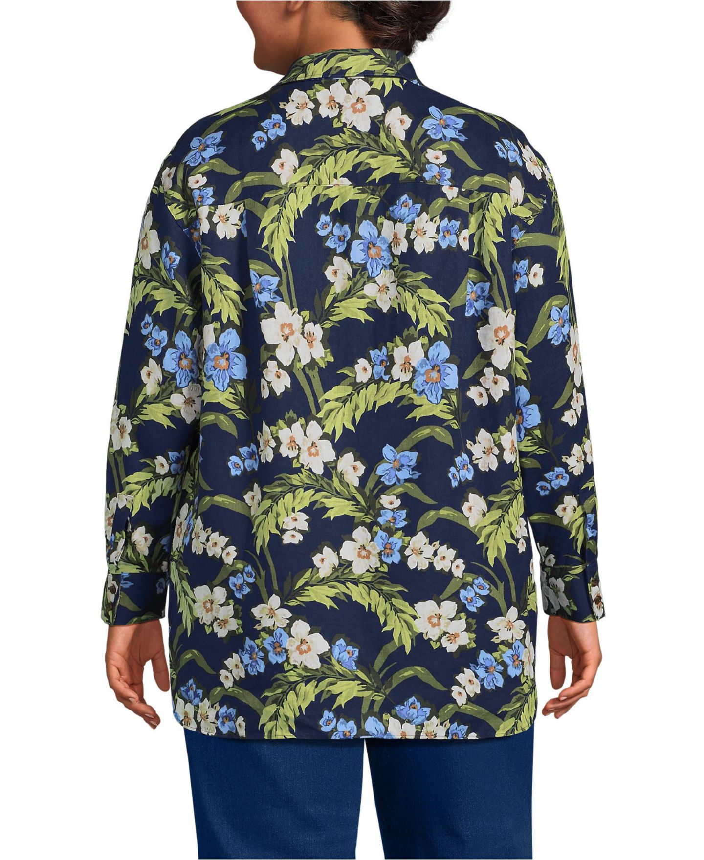 Женская рубашка Lands' End Plus Size Linen Oversized Button Front, цвет: Морской / Синий с принтом — фото 2