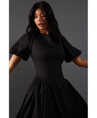 Women's Seersucker Puff Sleeve Midi Dress