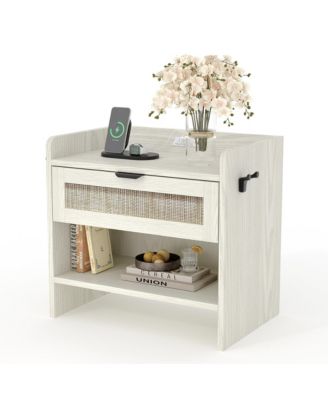 Home 1-Drawer Nightstand Wood Rattan Storage Side Table