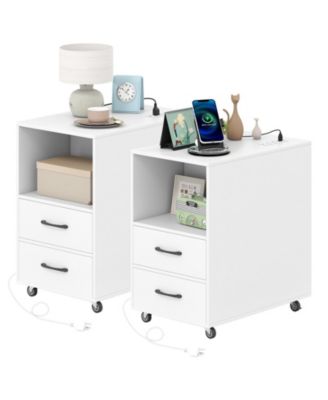 2PCS End Table w/Built-in Charging Station USB Ports Outlets 2 Drawers 3 Shelves
