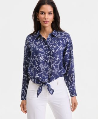 Women's Printed Ramie Button-Front Tie-Hem Shirt