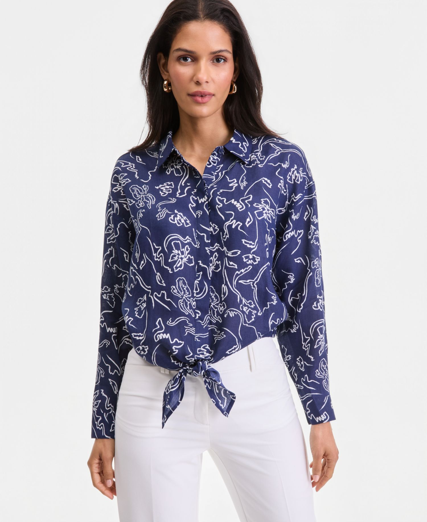 Women's Printed Ramie Button-Front Tie-Hem Shirt