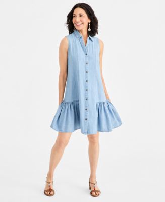 sleeveless chambray shirt dress Floral Chambray Denim Tie Waist Dress Light Denim Light Denim / L