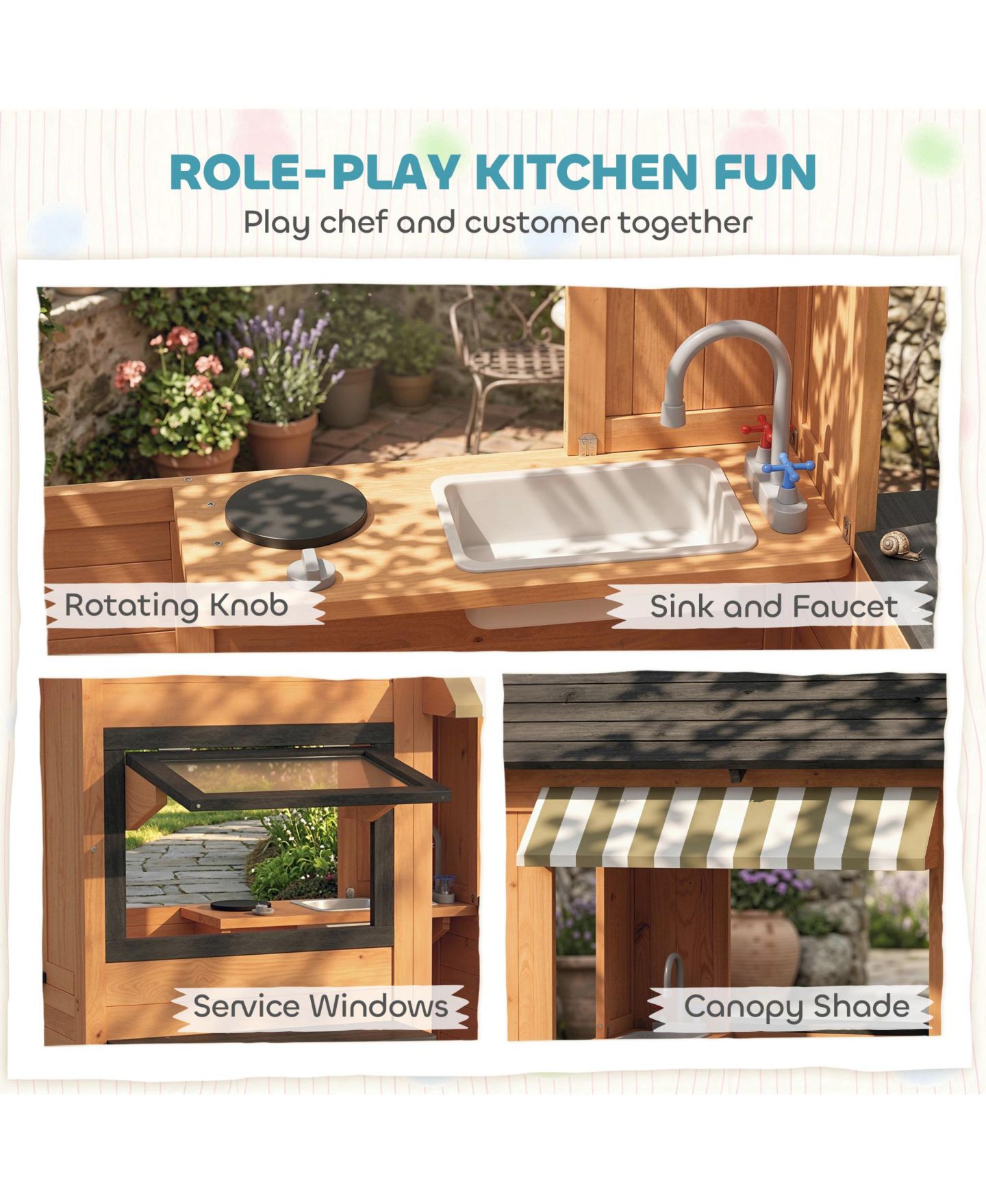 Детская игрушка Qaba Outdoor Wooden Playhouse with Play Kitchen, Ages 3+, цвет: Коричневый — фото 4