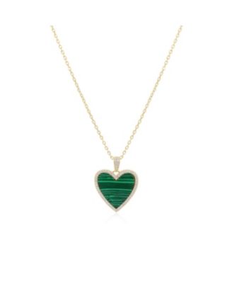Large Malachite CZ Halo Heart Necklace 14K Gold-Plated Sterling Silver