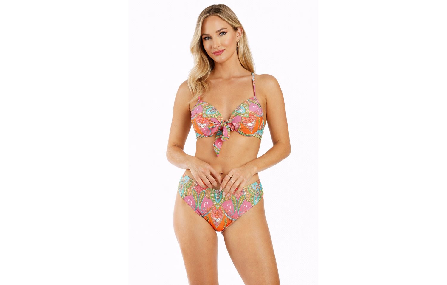 Women's Tropical Paisley Bikini Set - Underwire Tie-Front Top and Mid-Rise Bottom Luxury Resort Swimwear