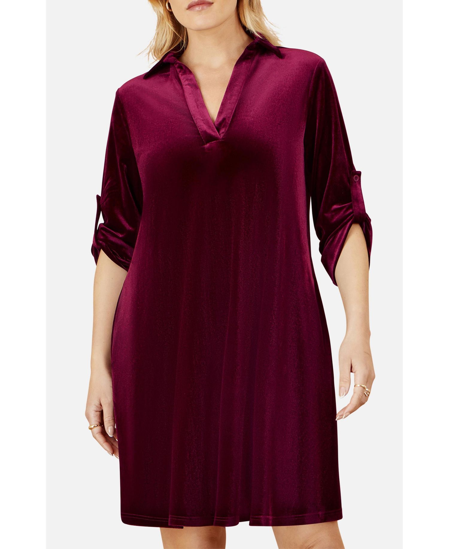 Women's Velvet Sleeve Collared Tunic Dress