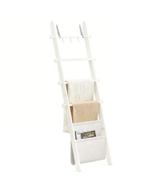 Blanket Ladder 5-Tier Wooden Shelf Farmhouse Rack Leather Bag