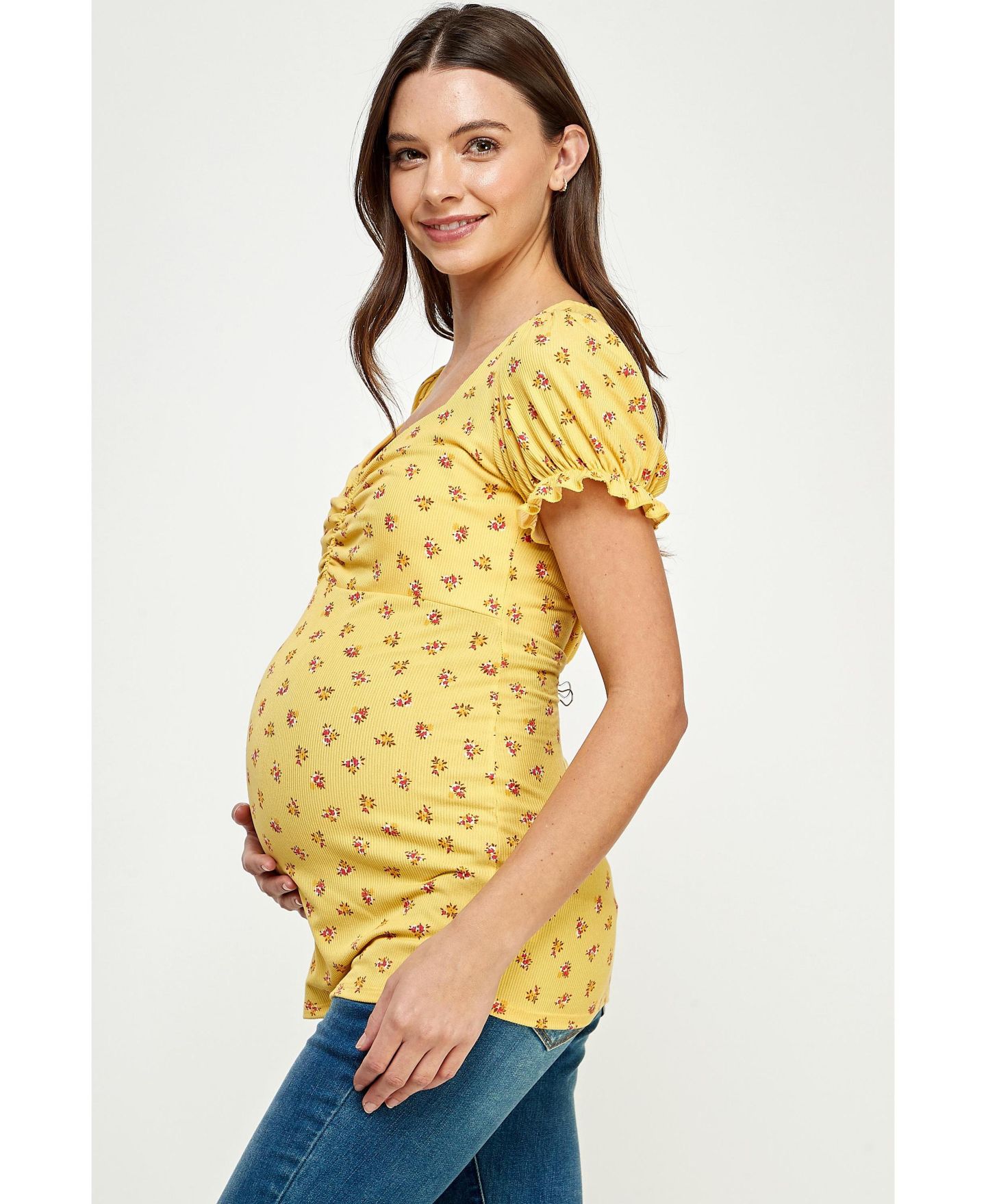 Женский топ Hello Miz Maternity Ribbed Floral Ruched Front Puff Sleeve Top, цвет: Жёлтый — фото 2