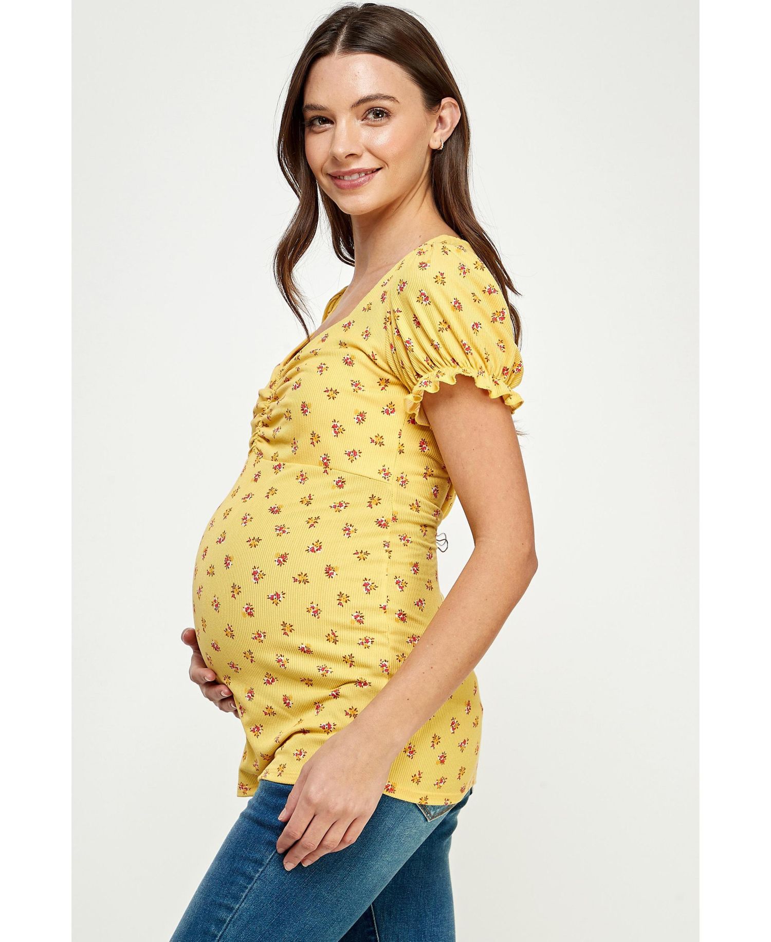 Maternity Ribbed Floral Ruched Front Puff Sleeve Top